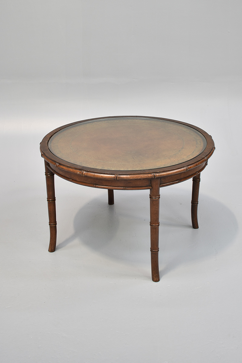 Dark Bamboo Circular Coffee Table With Glass Top & Brown Leather Inlay