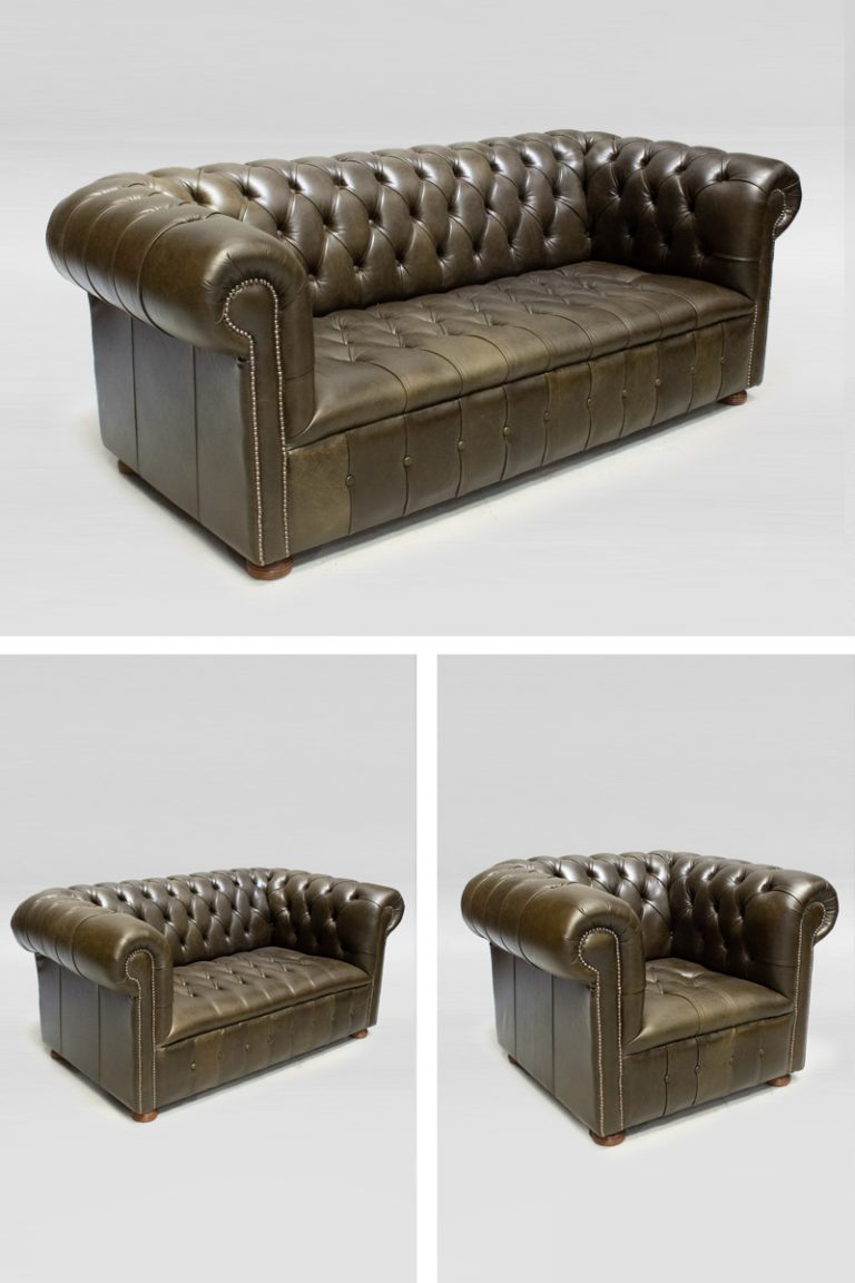 Olive Green Leather Chesterfield Set The Classic Prop Hire Company
