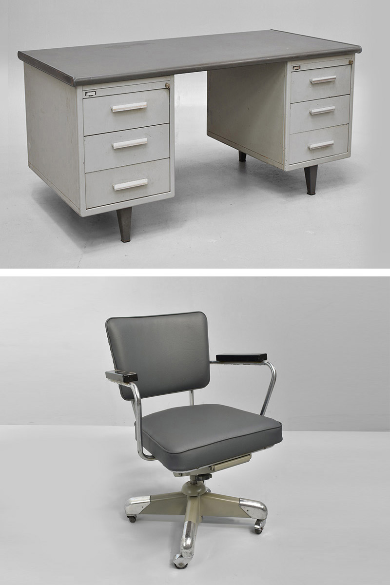 Grey Metal Office Desk and Chair Set The Classic Prop Hire Company