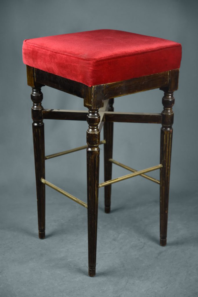 Black Painted Wooden Bar Stool With Red Upholstered Seat & Brass Feet