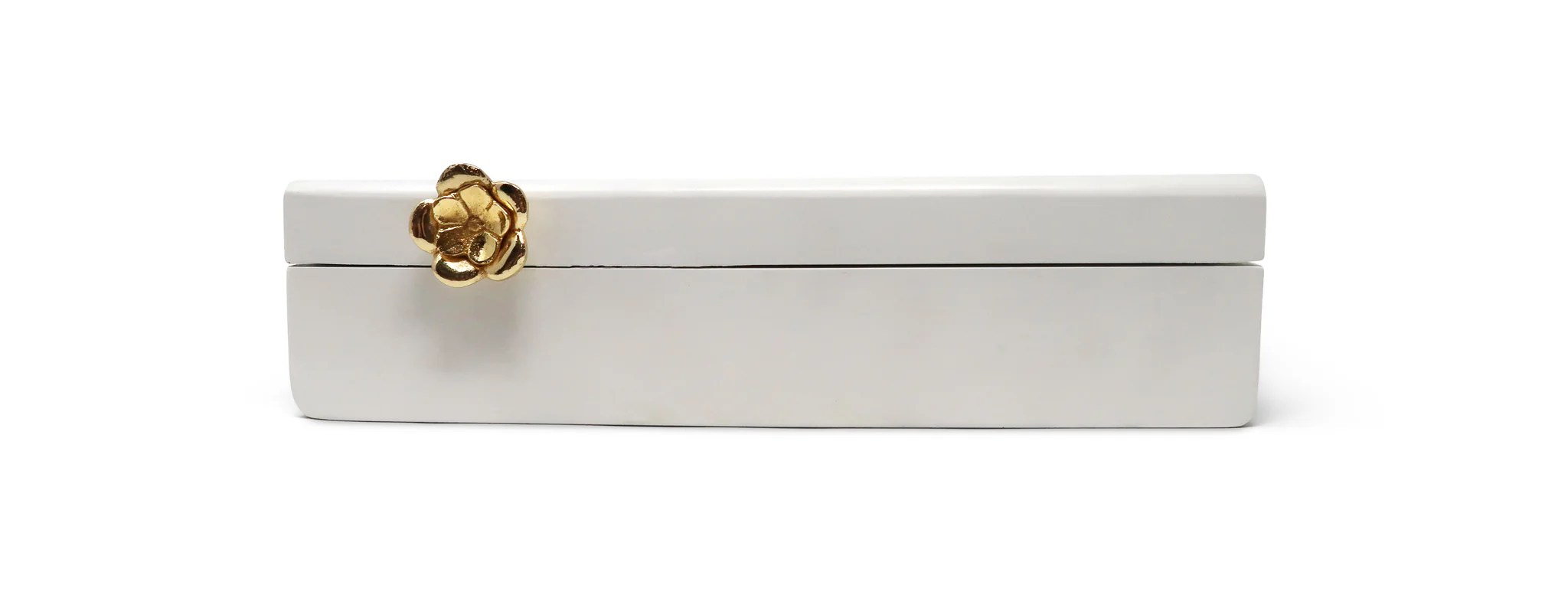 Rectangular White Wood Decorative Box with Gold Flower Detail Classic