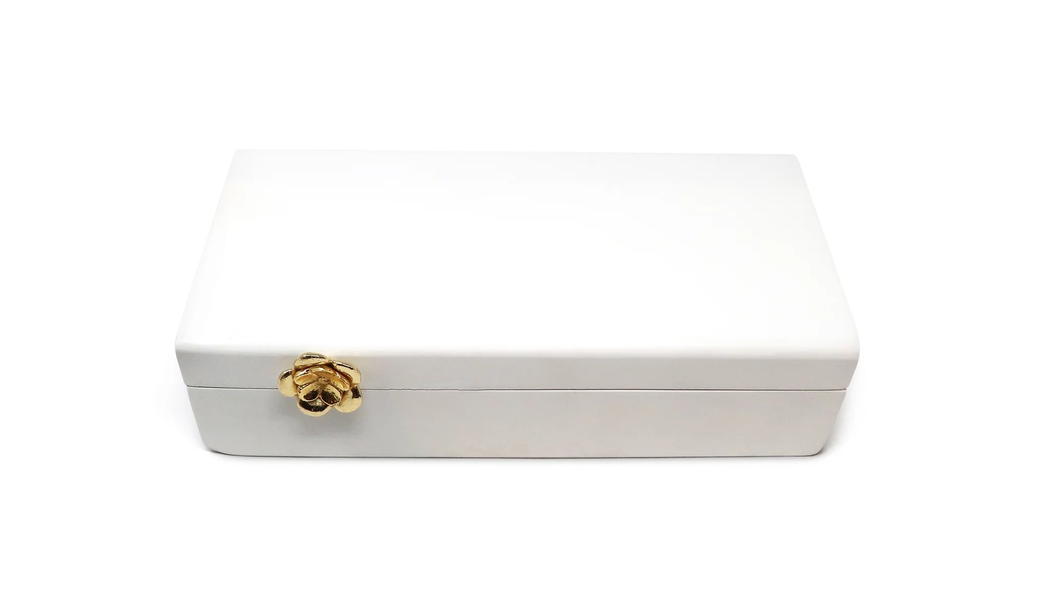 Rectangular White Wood Decorative Box with Gold Flower Detail Classic