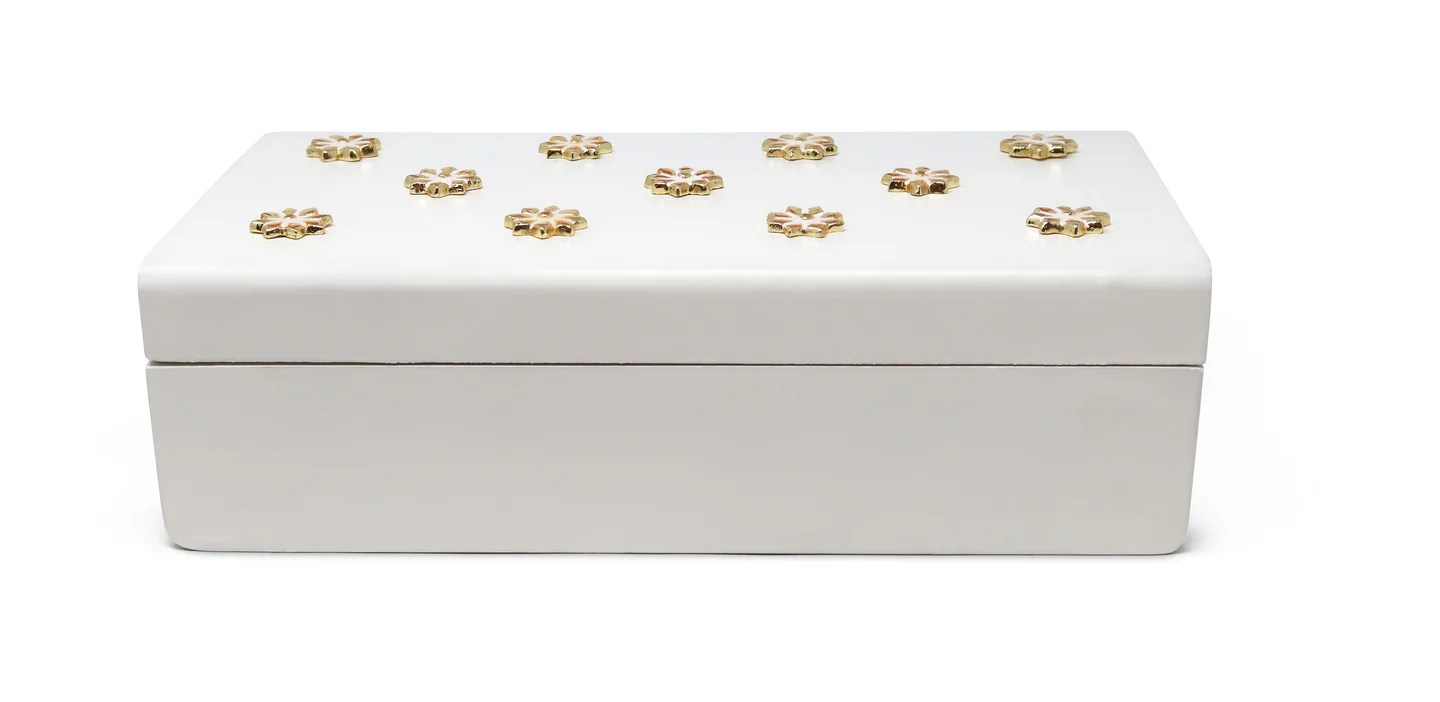 White Wooden Decorative Box with Gold Flower Beads Classic Touch Decor