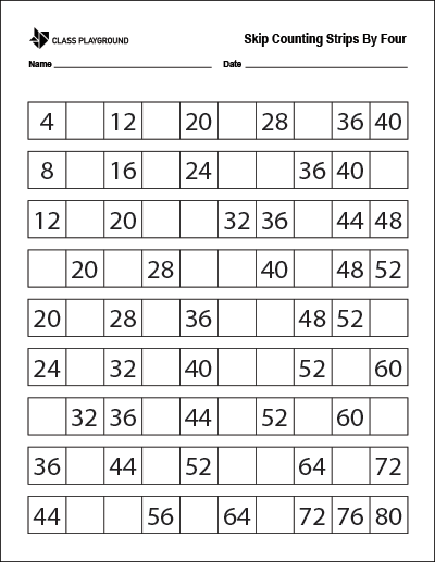 Printable Skip Counting Strips By Four - Class Playground