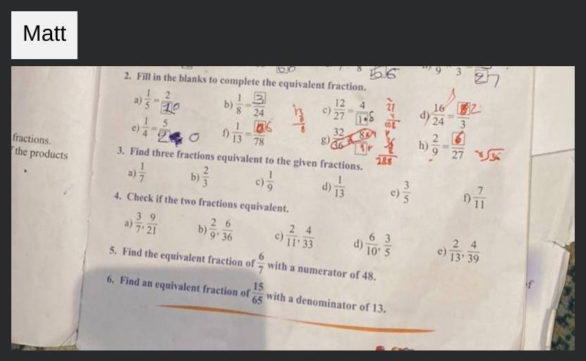 2. Fill in the blanks to complete the equivalent fraction.a) 51 =102 b)..