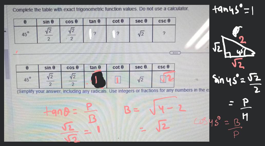 Complete the table with exact trigonometric function values. Do not use a..