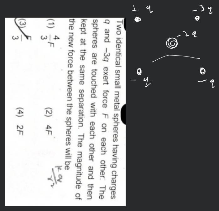 Two identical small metal spheres having charges q and −3q exert force F