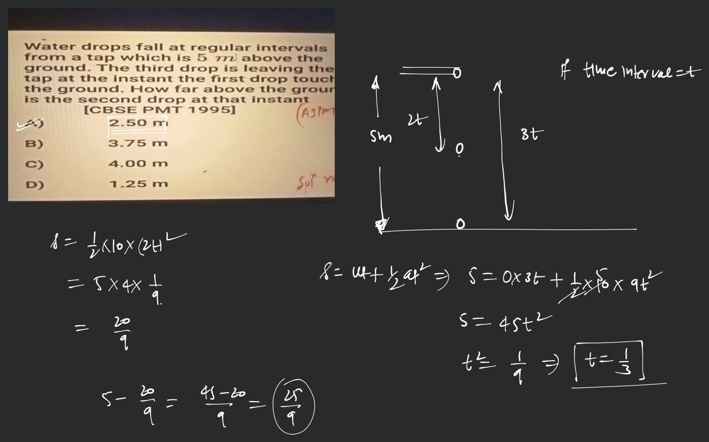 Water drops fall at regular intervals from a tap which is 5 m above the g..
