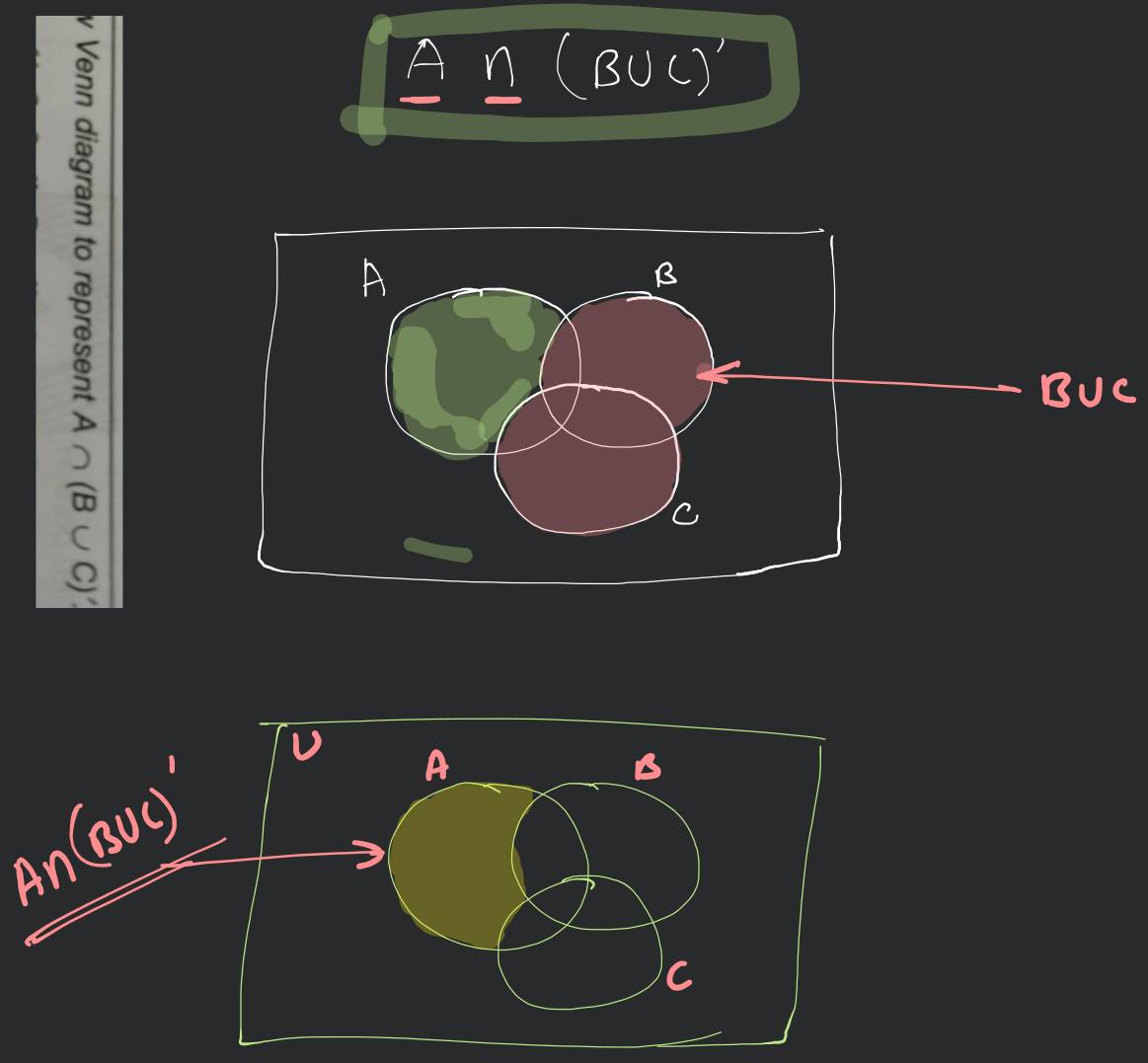 Venn diagram to represent A∩(B∪C)′ | Filo