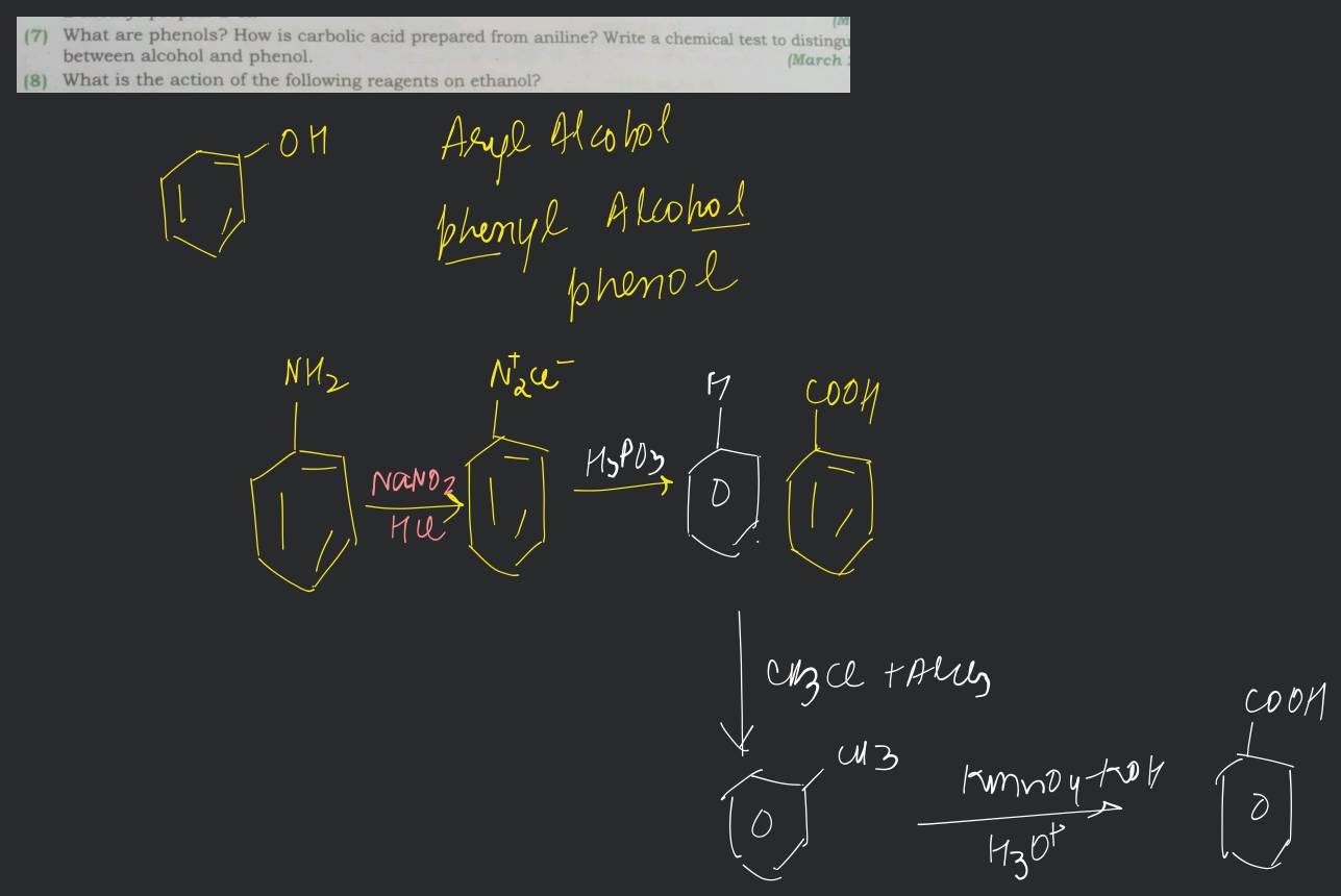 (7) What are phenols? How is carbolic acid prepared from aniline? Write a..