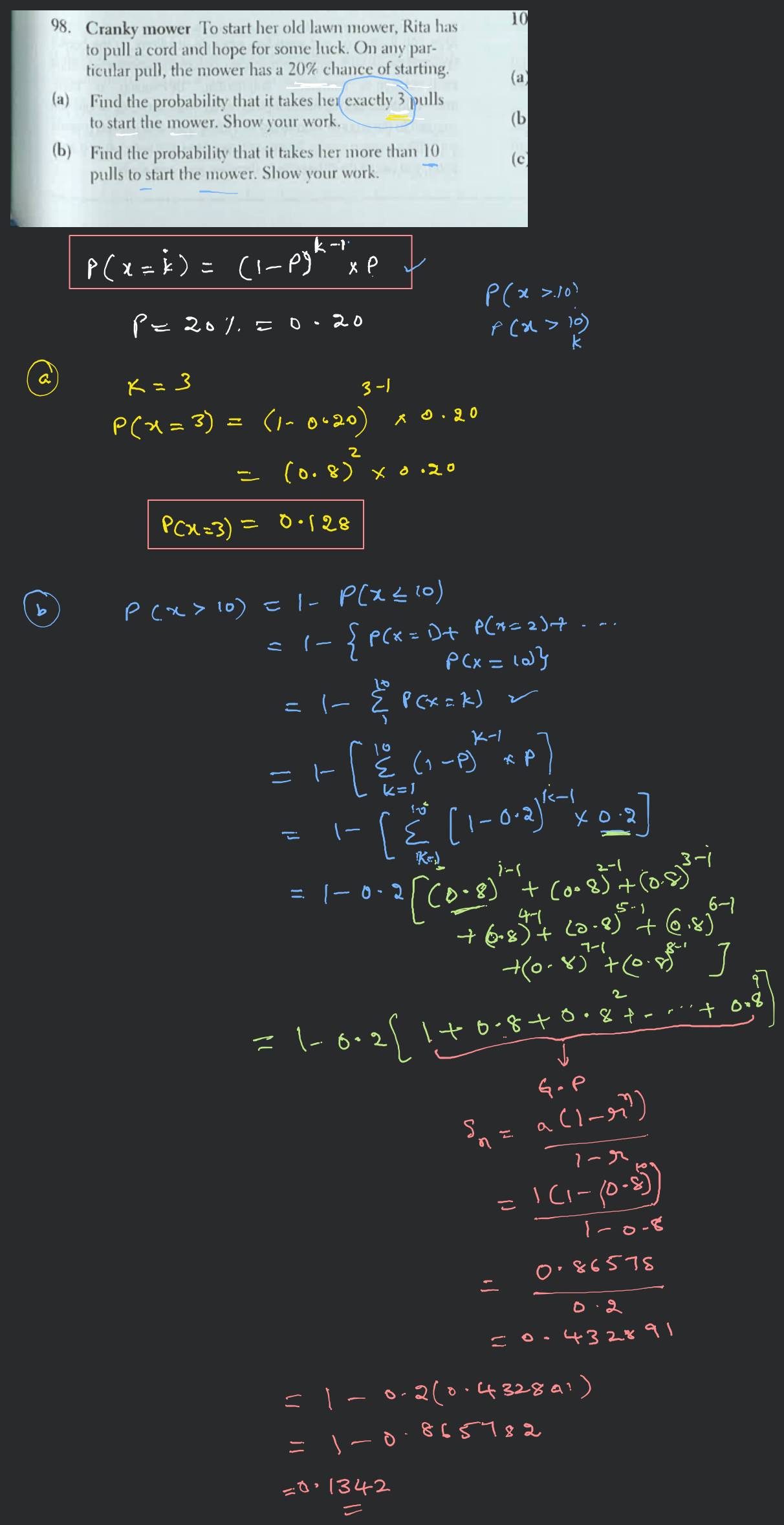98. Cranky mower To start her old lawn mower, Rita has to pull a cord and..
