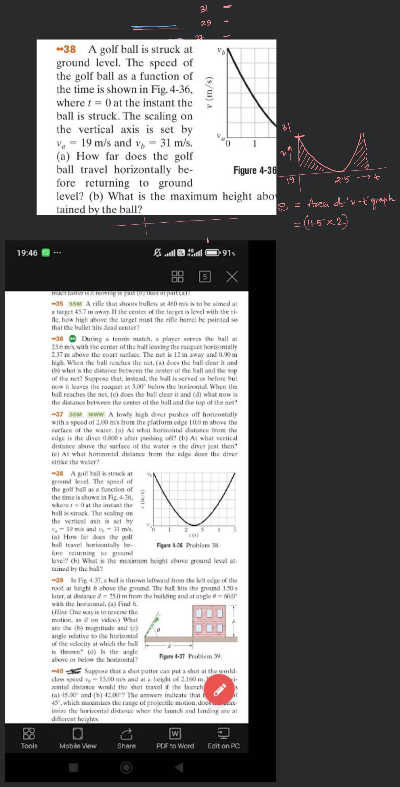 ⋅38 A golf ball is struck at ground level. The speed of the golf ball as