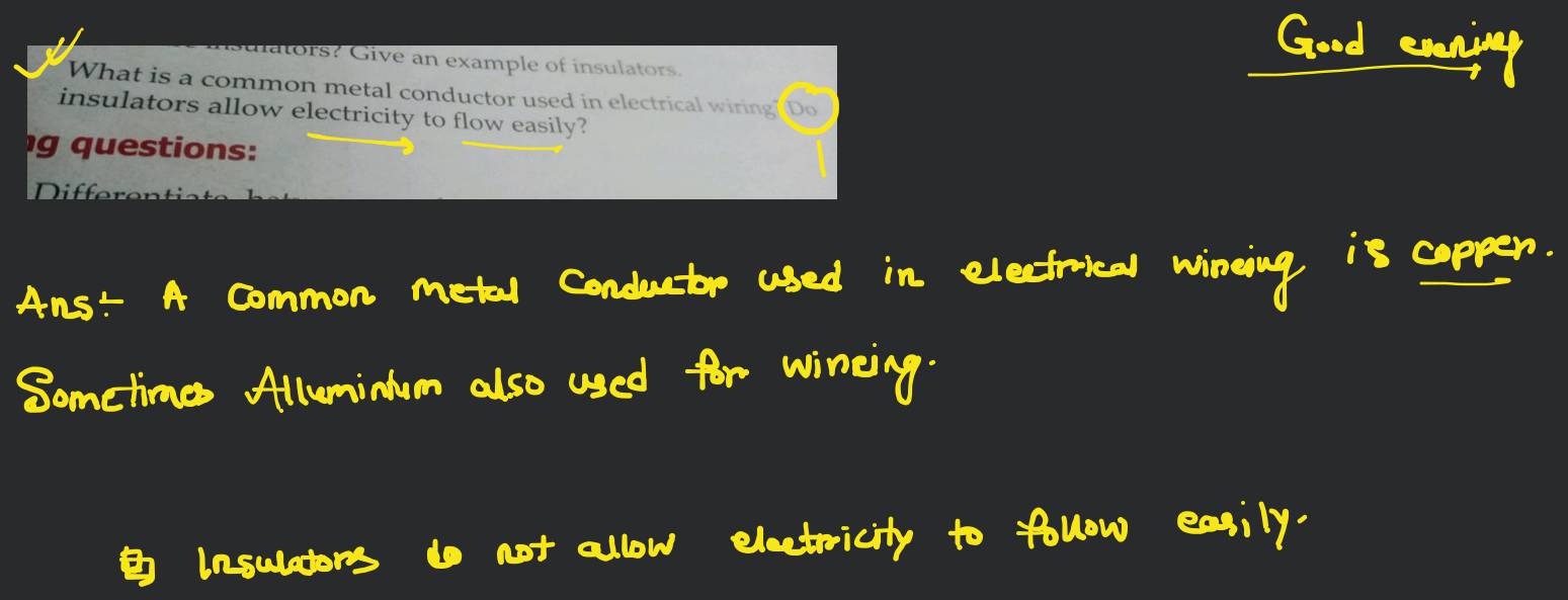 Give an example of insulators. insulators allow metal conductor used in e..