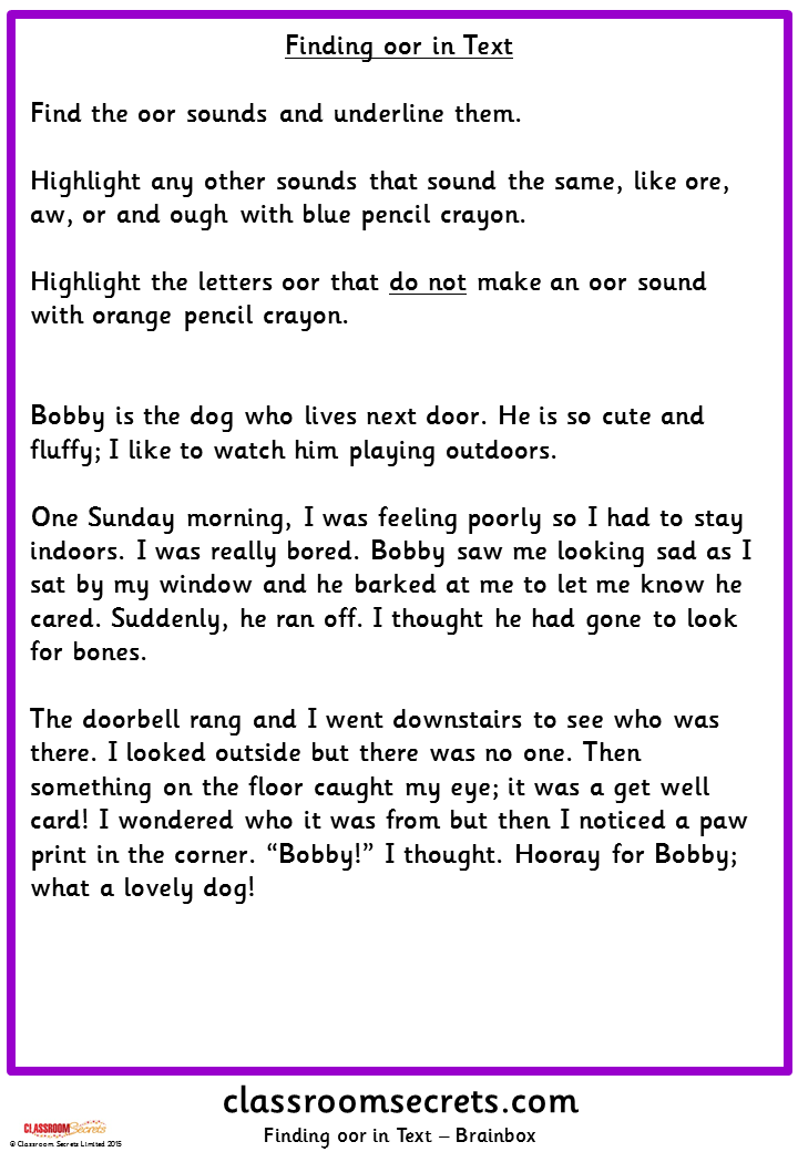Finding 'oor' in Text Phonics Worksheets Classroom Secrets