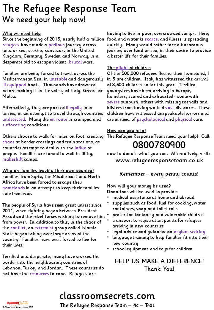 The Refugee Response Team 4c Guided Reading Pack Classroom Secrets