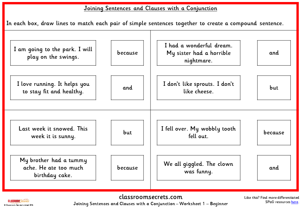 Joining Sentences and Clauses with a Conjunction KS2 SPAG Test Practice