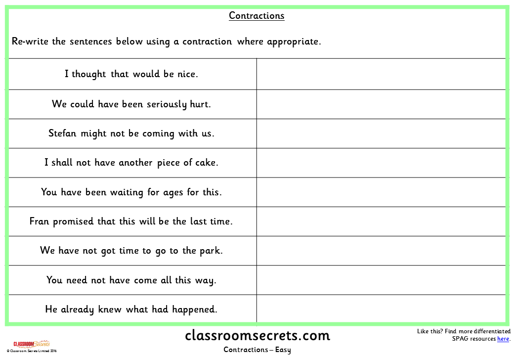 Contractions KS2 SPAG Test Practice Classroom Secrets