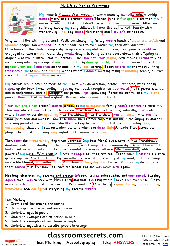 Text Marking an Autobiography Model Text Matilda Classroom Secrets