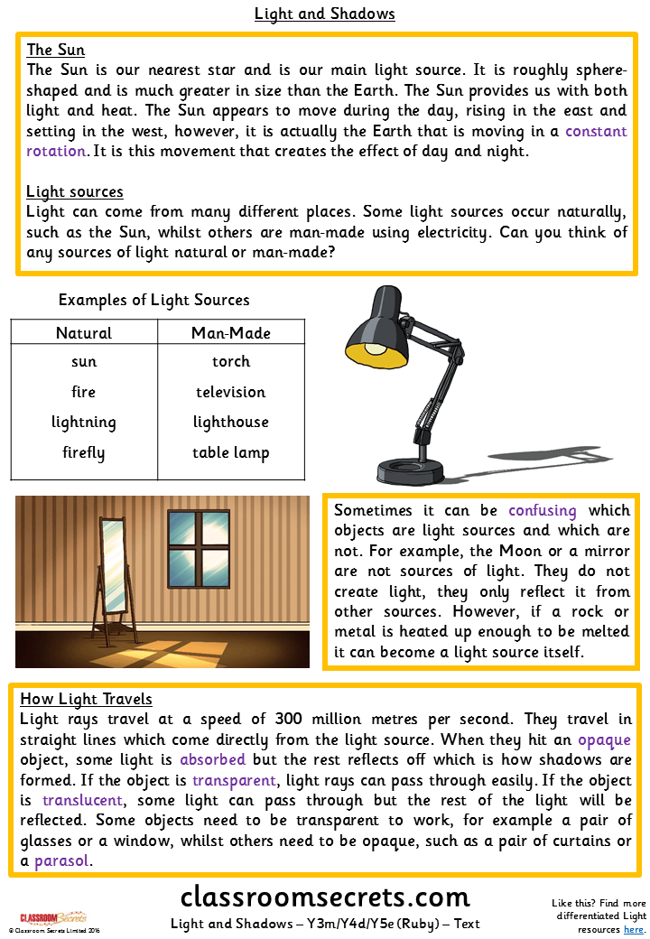 Light and Shadows (Y3m/Y4d/Y5e) Guided Reading Pack Classroom Secrets