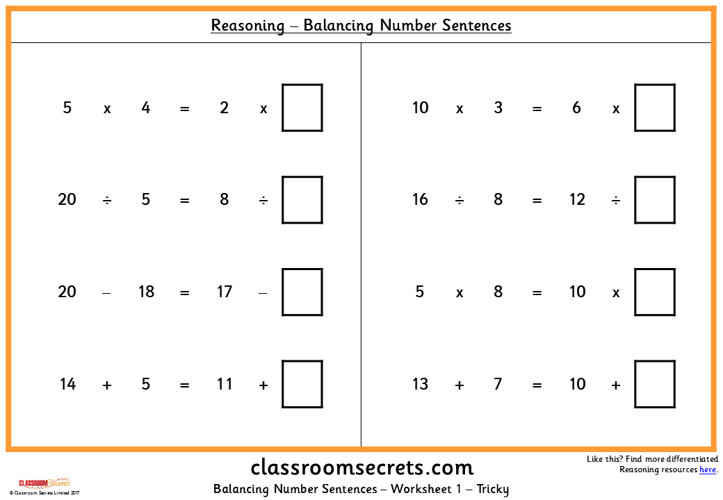 Balancing Number Sentences KS1 Reasoning Test Practice