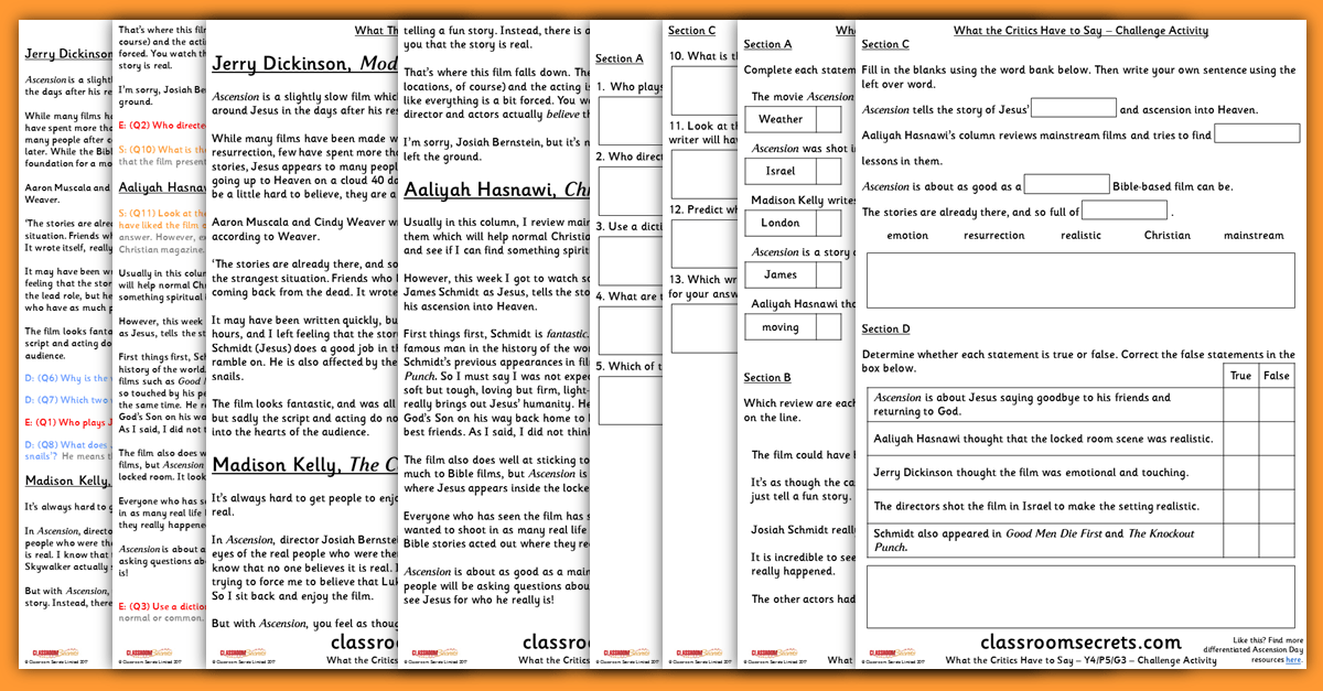 What the Critics Have to Say Year 4 Ascension Day Whole Class Guided Reading Comprehension