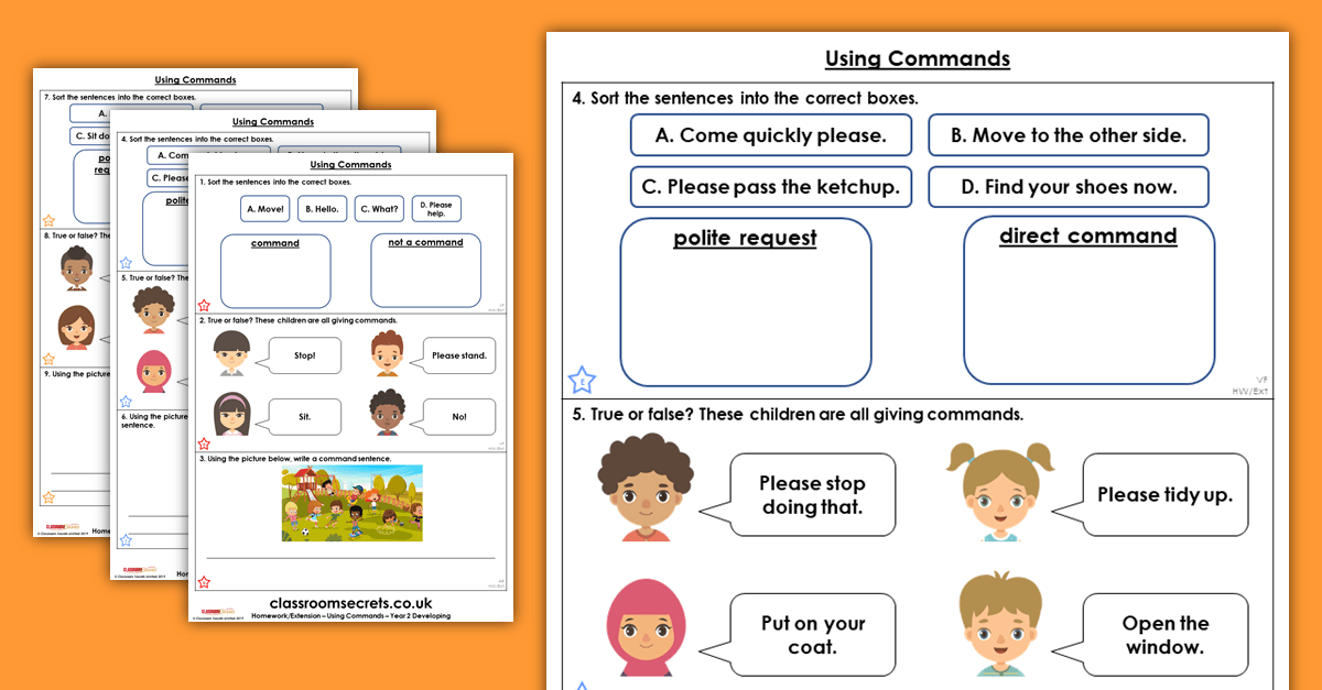 Year 2 Using Commands Homework Extension Sentence Types Classroom