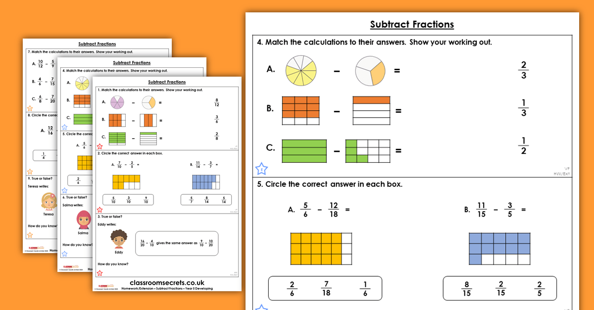 Subtract Fractions Homework Extension Year 5 Fractions