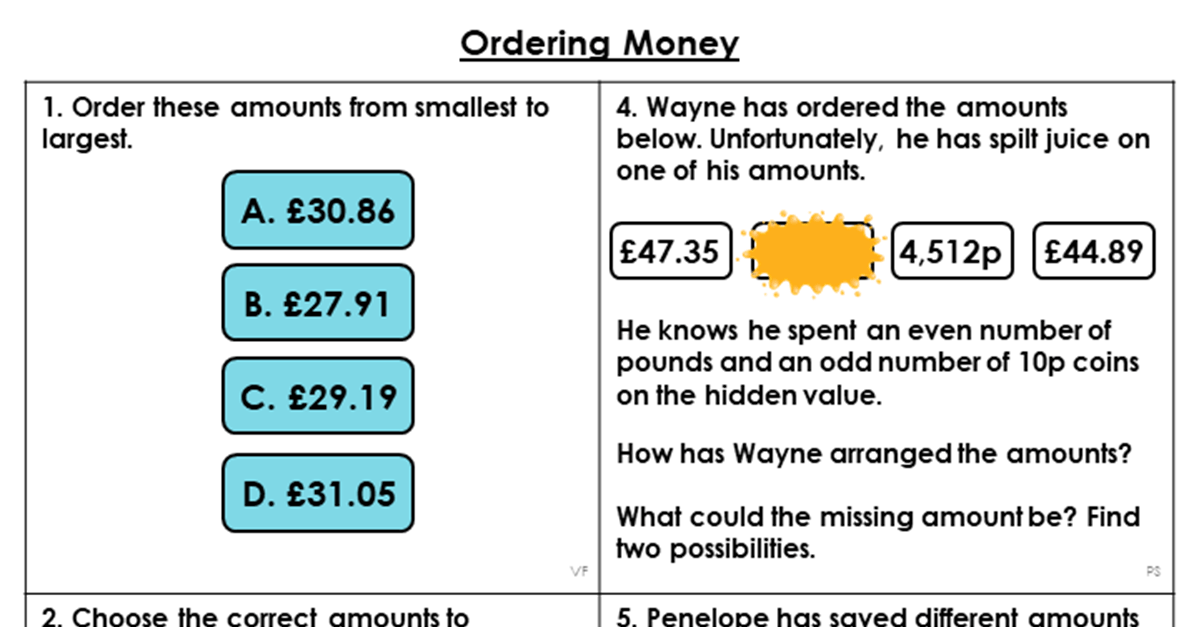 Year 4 Ordering Money Lesson Classroom Secrets Classroom Secrets