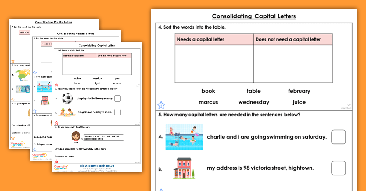Year 1 Consolidating Capital Letters Homework Extension Capital Letters