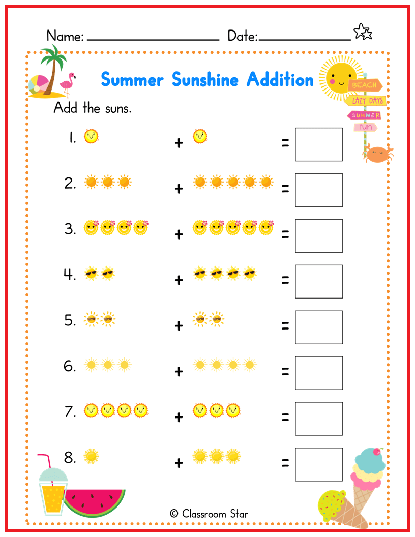 Summer Sunshine Addition Worksheet Classroom Star Worksheets