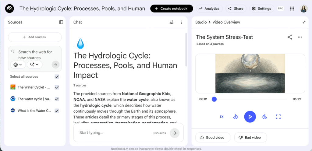 NotebookLM video overview feature showing a cinematic preview of The Hydrologic Cycle with the Studio tab open on the right side