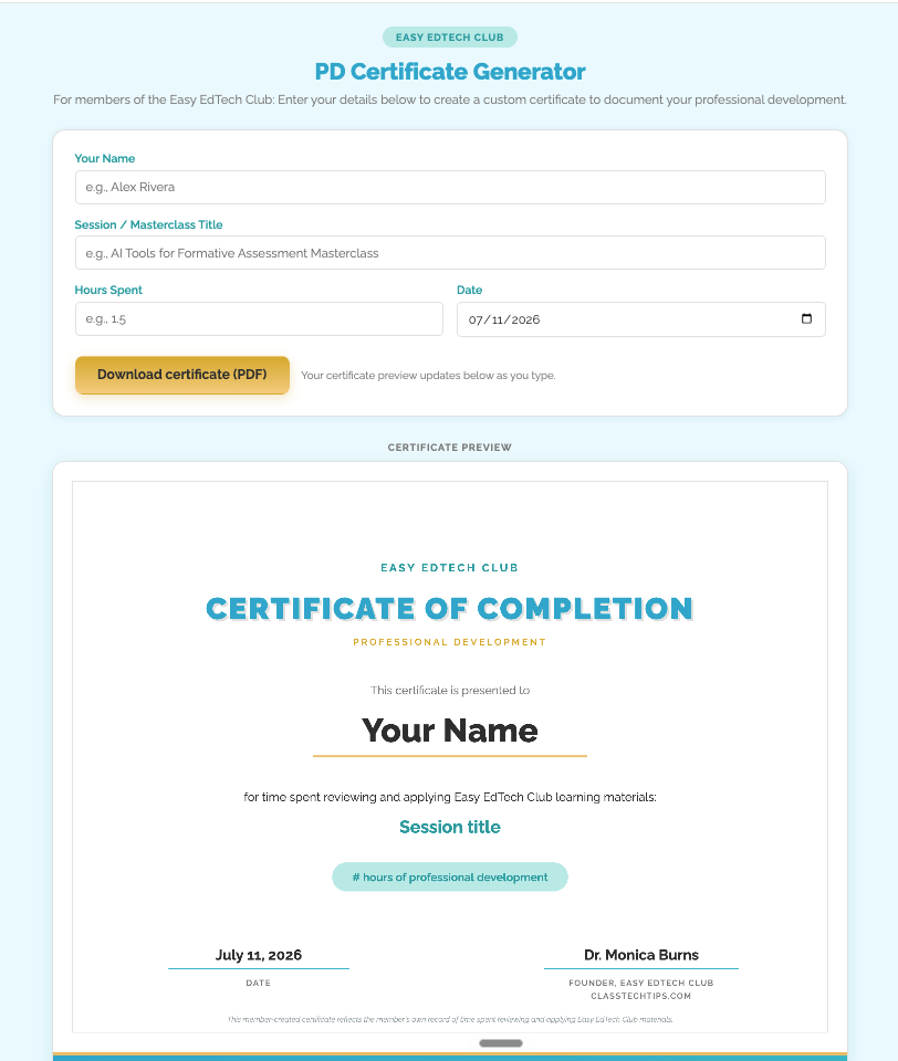 PD Certificate Generator website for Easy EdTech Club members with a custom certificate preview that updates as you type