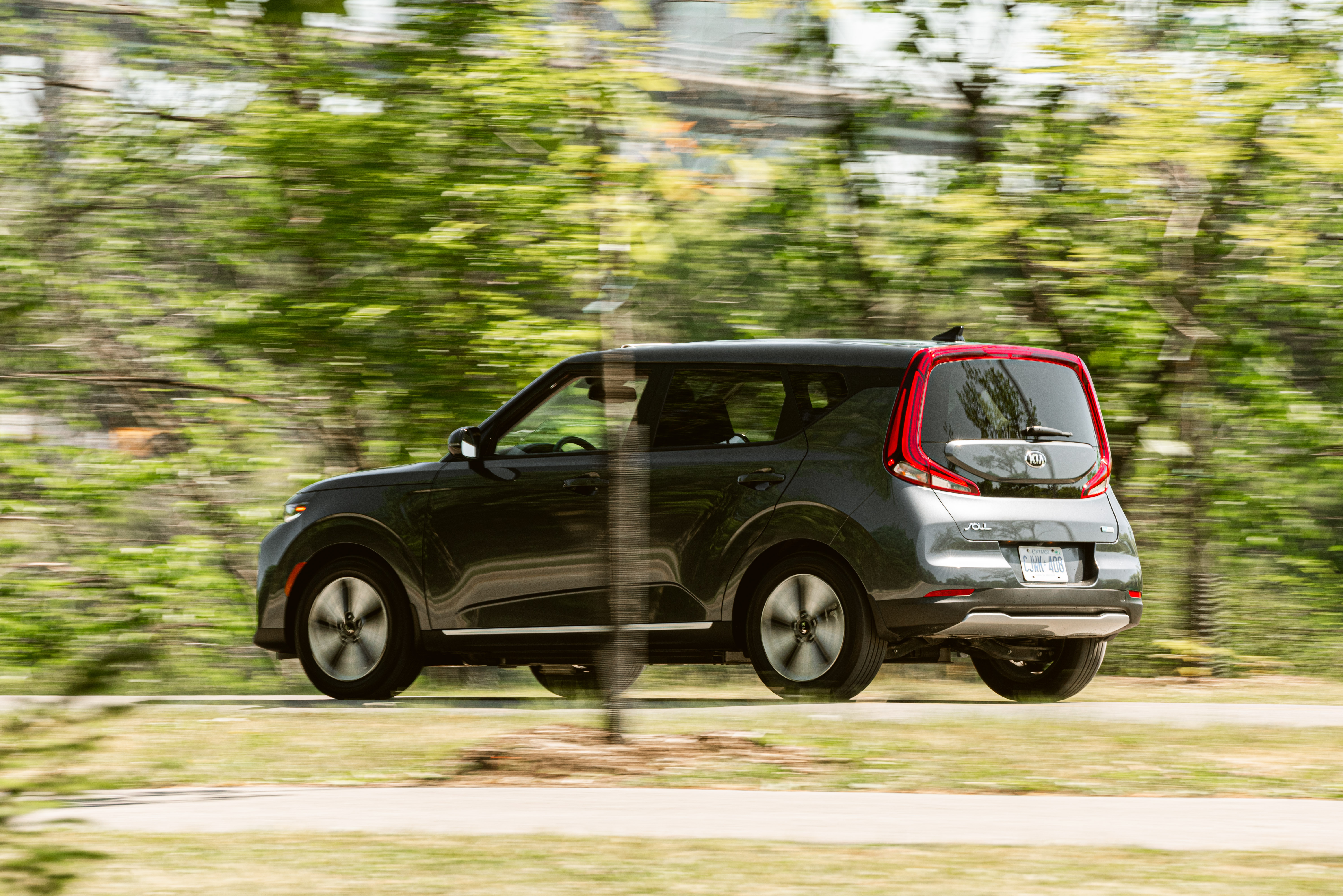 2020 Kia Soul EV Driving Rear Clavey's Corner