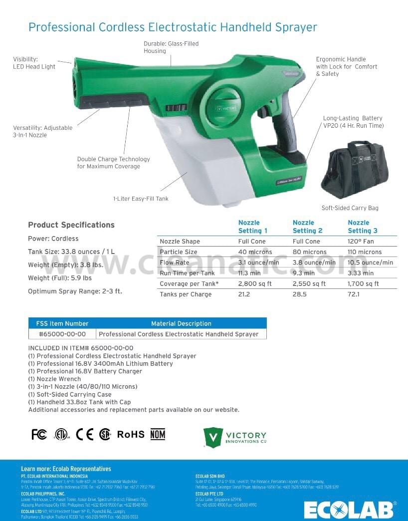 ECOLAB Professional cordless Electrostatic Handheld Sprayer Cleanatic