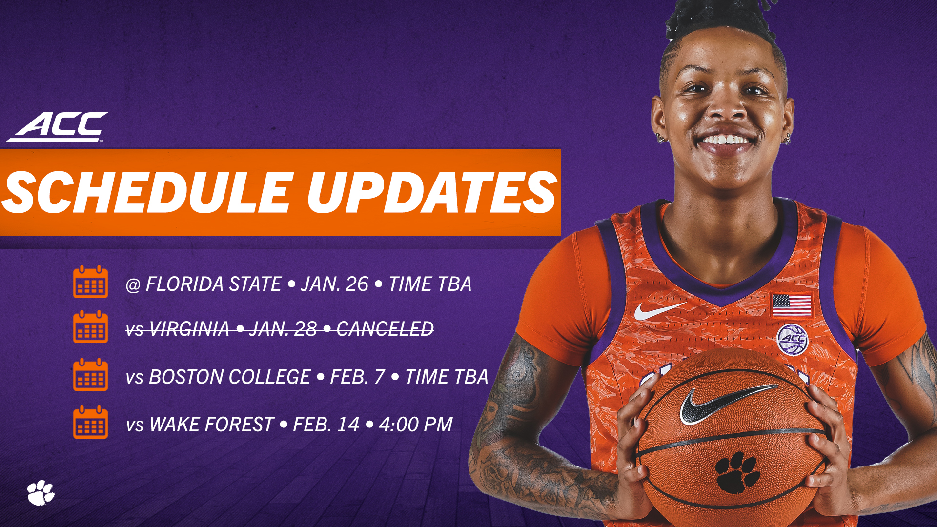 ACC Announces Women’s Basketball Schedule Changes Clemson Tigers