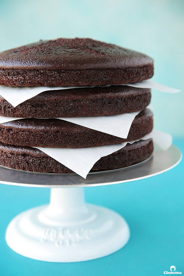 Twelve layers of chocolate cake filled with alternating layers of silky
