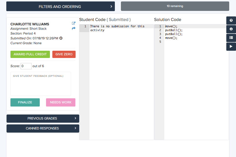 Fast Grade allows teachers to quickly filter and view student programs