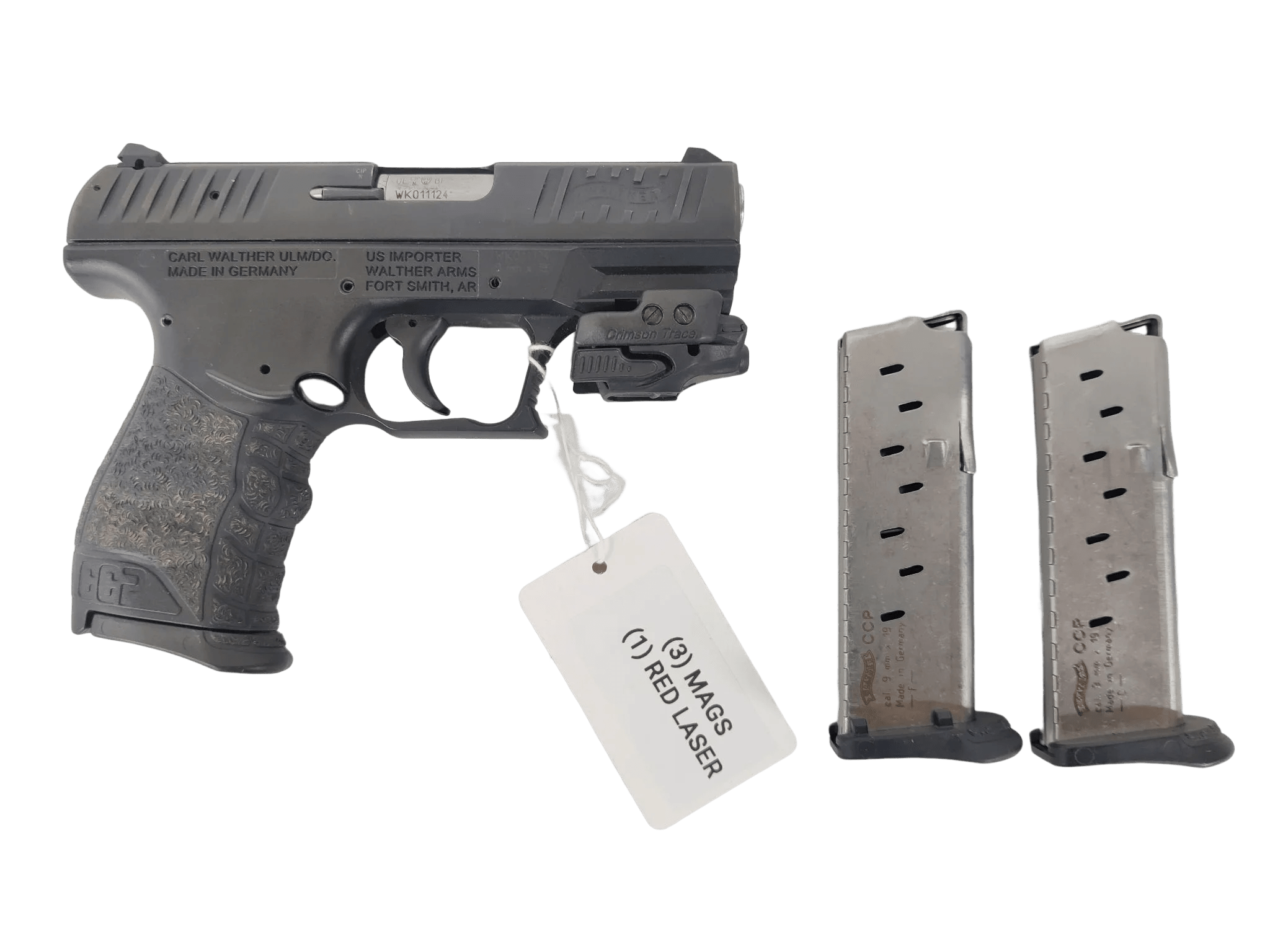 Used Walther CCP 9MM SemiAuto Pistol w/3 Magazines, Crimson Trace Red