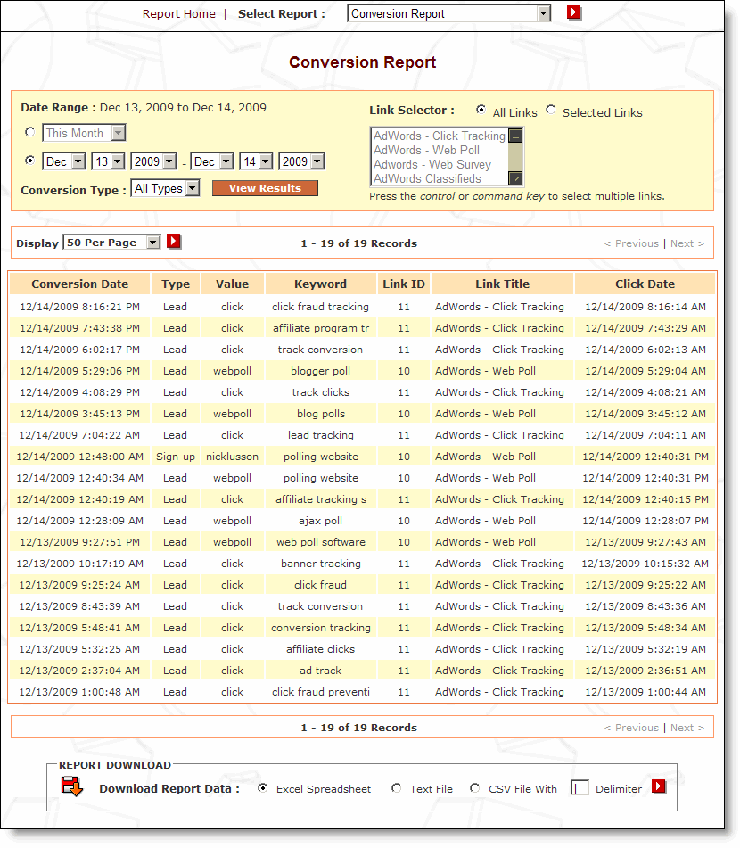 WebsiteGear Click Tracking Screenshots
