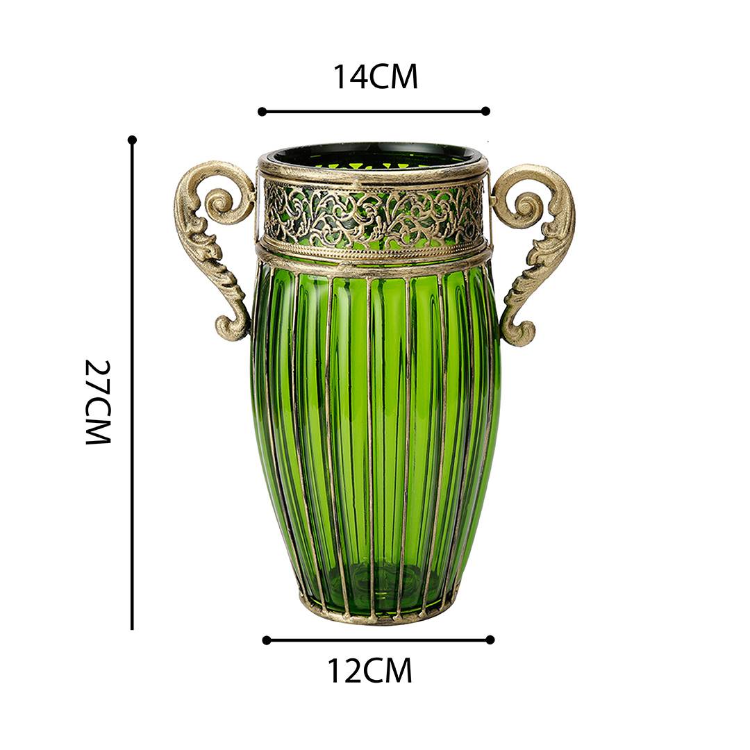 SOGA Green European Colored Glass Home Decor Jar Flower Vase with Two