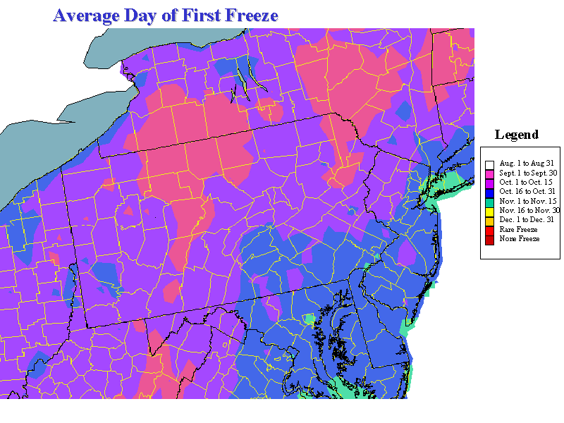 First Frost Date Map Map of First Freeze