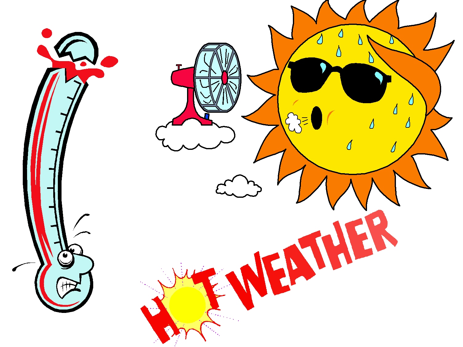 A clipart image depicting hot weather with a sweating sun wearing
