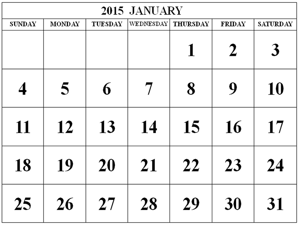 Free Printable 2015 January Calendar PDF &amp; PNG Download 999