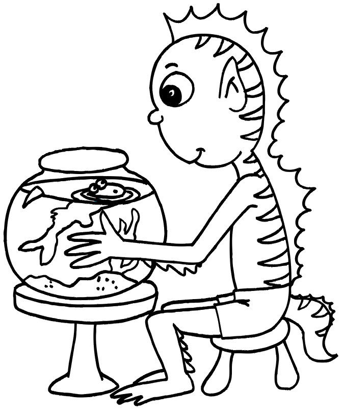 Cat looking at fish in a bowl color page. Free printable.