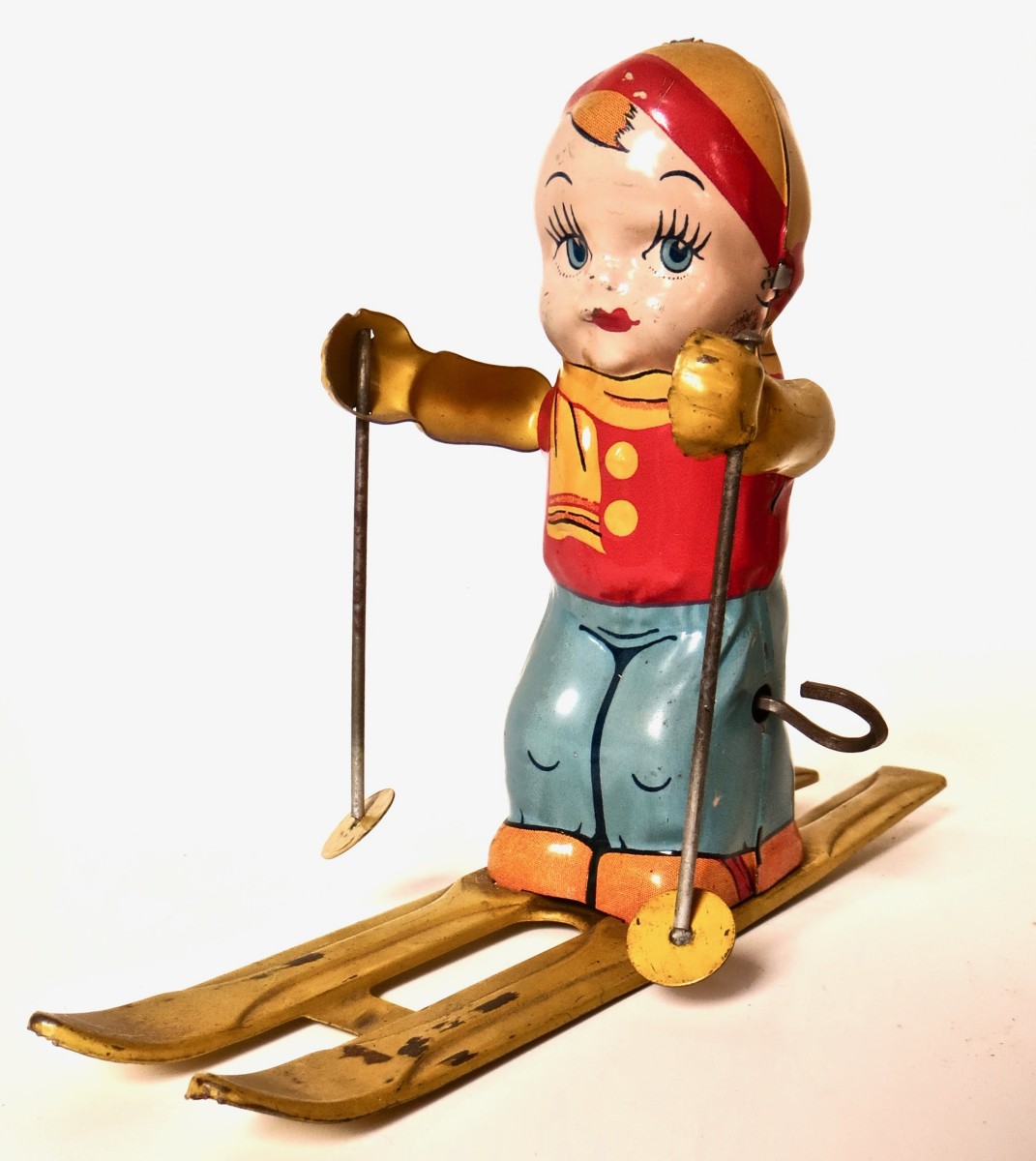Vintage Tin Wind Up Toy "Boy Skier" by J. Chein & Co. American Circa