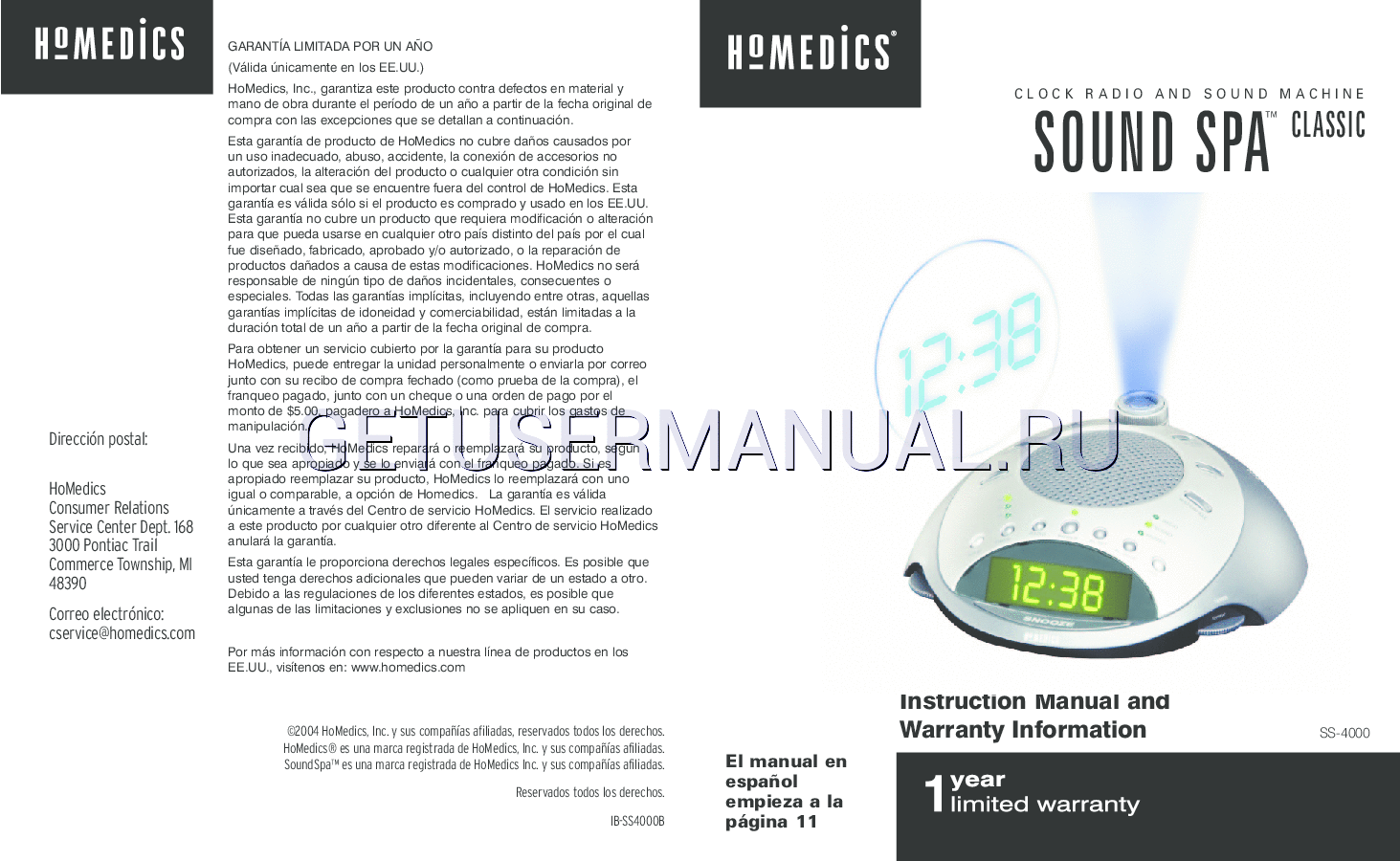 HoMedics Radioréveil SoundSpa IBSS4000B Manuel d'utilisateur