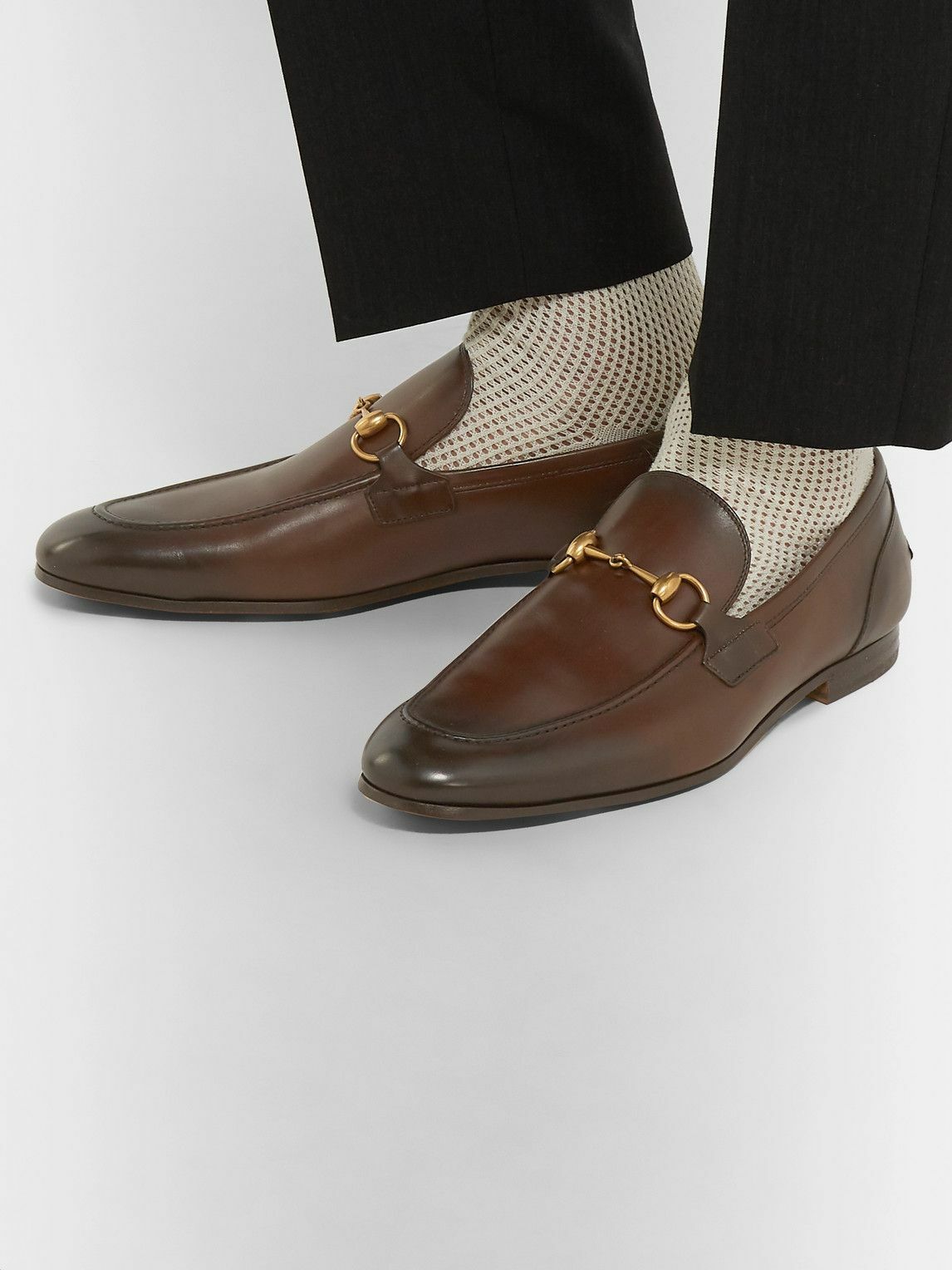 GUCCI Jordaan Horsebit BurnishedLeather Loafers Brown Gucci