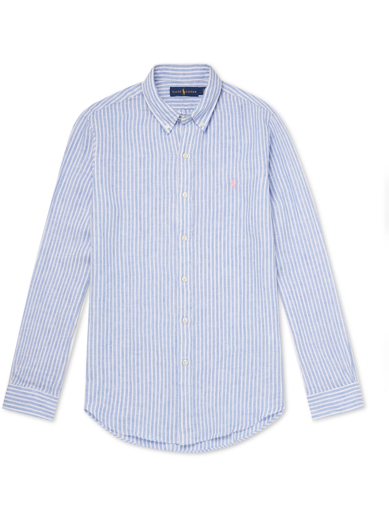 POLO RALPH LAUREN ButtonDown Collar Striped Linen Shirt Blue Polo