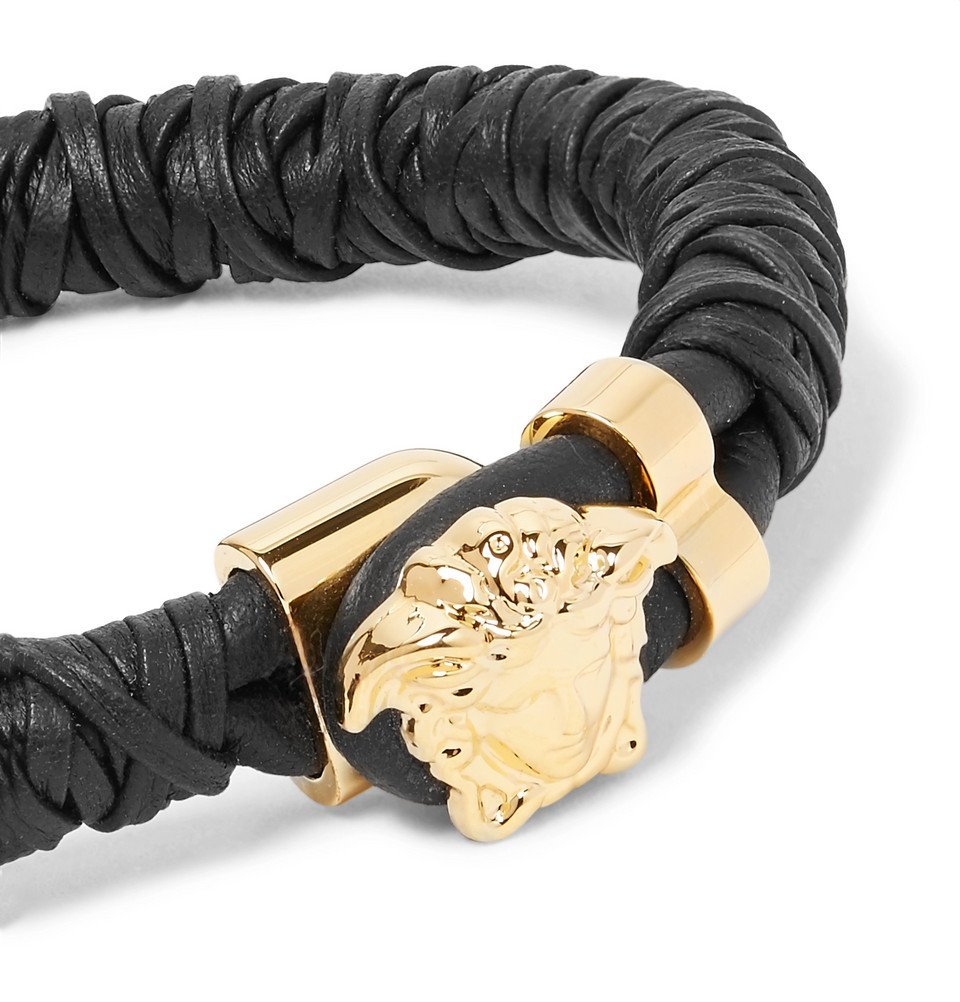 Versace Woven Leather GoldTone Bracelet Black Versace