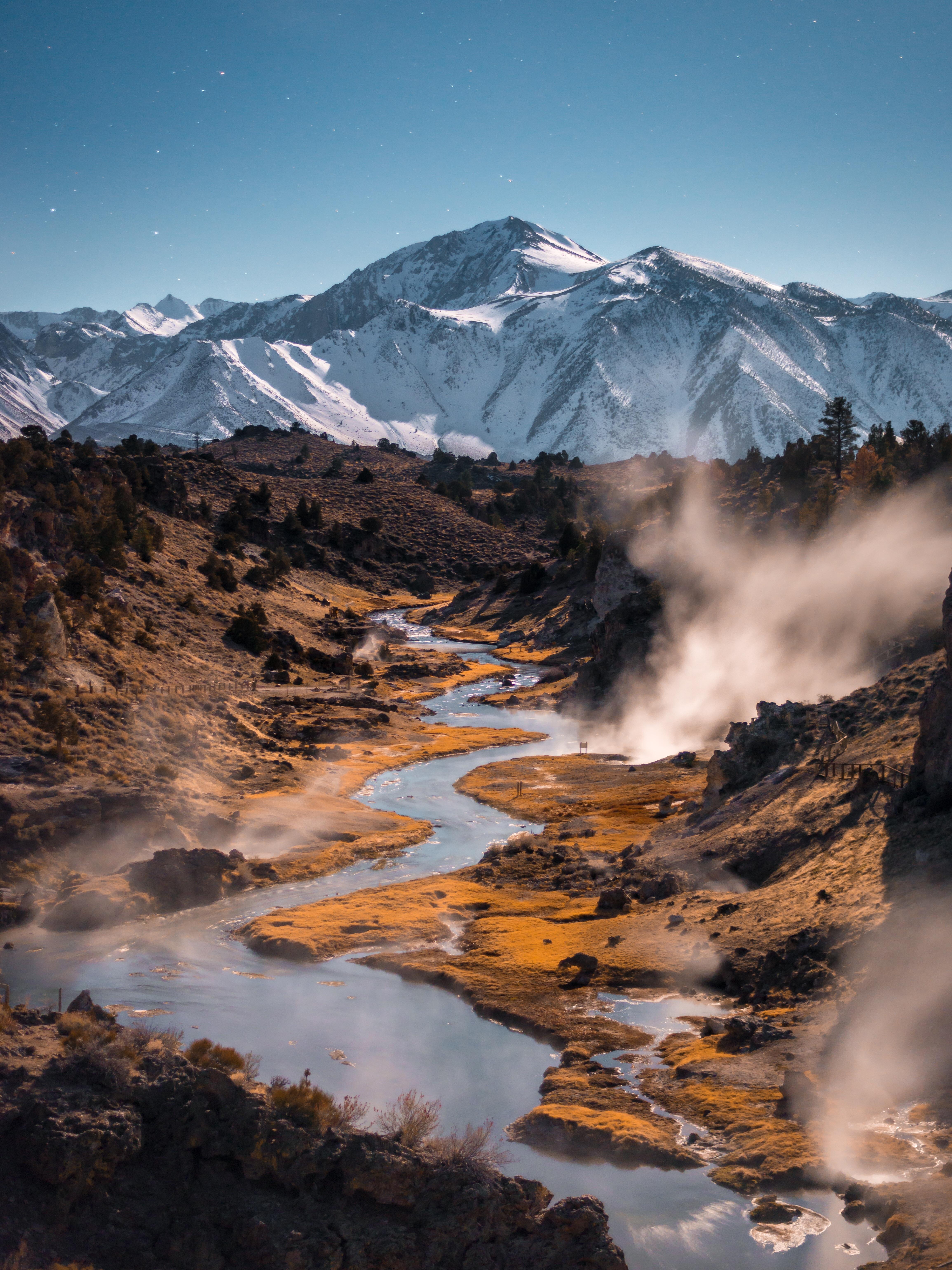 Hot creek at Mammoth Lakes, CA under full moon light Imagesocket